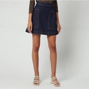 Ted Baker Dark Wash Denim Skirt Sz 1 (US 4) Blue Jean Gold Zip Short Mini Casual